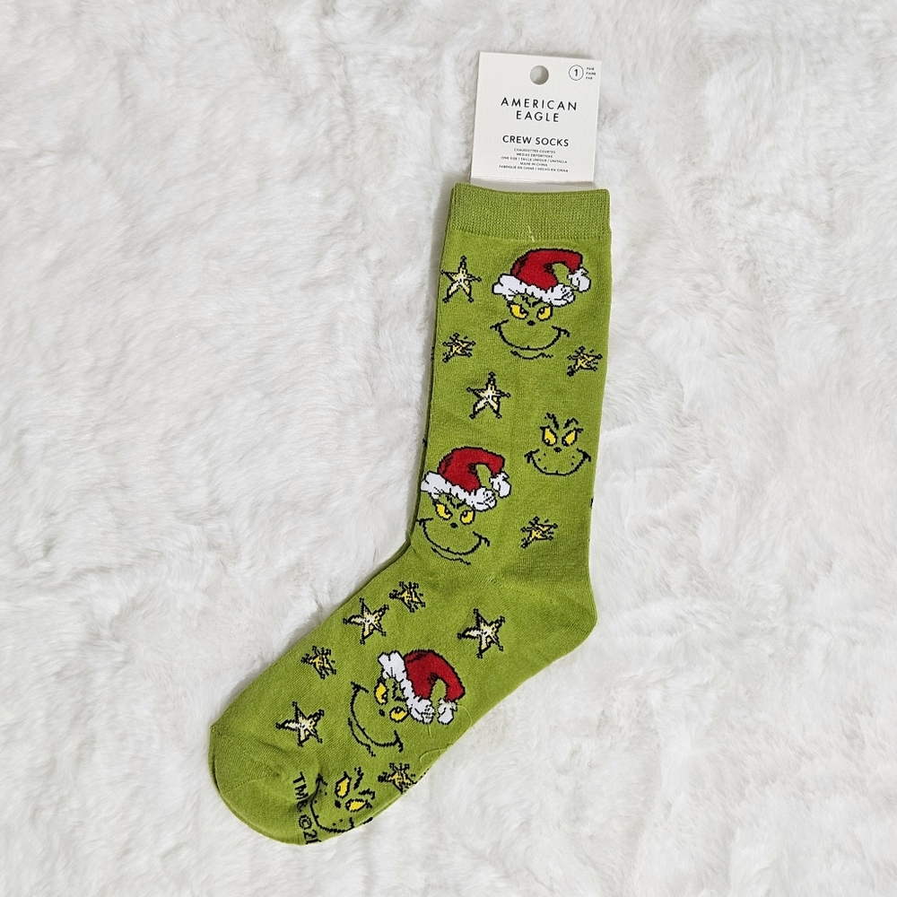 American Eagle Crew Socks Green Grinch Cotton Blend Holiday Christmas Gift NWT